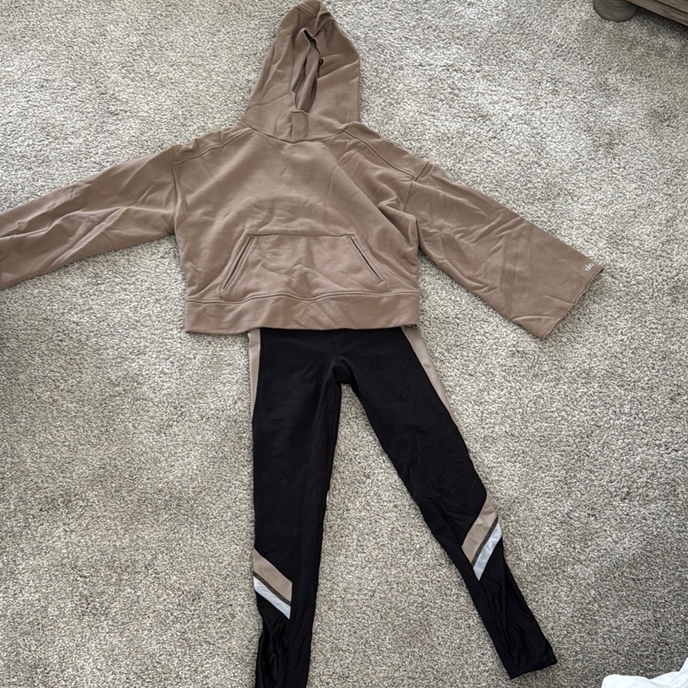 Tan Hoodie and Black Leggings Set
